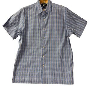 Lands End Men's L Short Sleeve Button Down Blue Plaid Shirt Seersucker Preppy‎